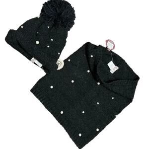 SO Women's Pom Pom Hat and Neck Warmer with Faux Pearls NWT